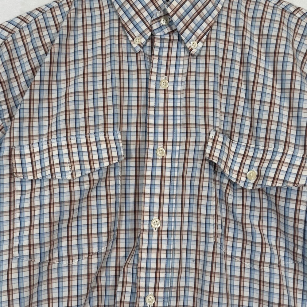 Vintage 90s Texas Cotton Blue Brown Plaid Button Down Shirt Large - Picture 2 of 8